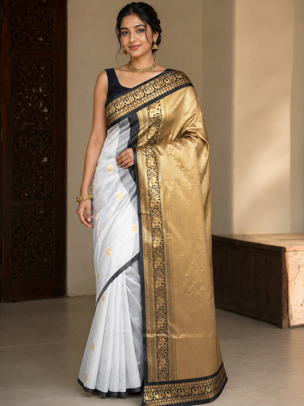White & Gold Gaja Border Semi Silk Saree