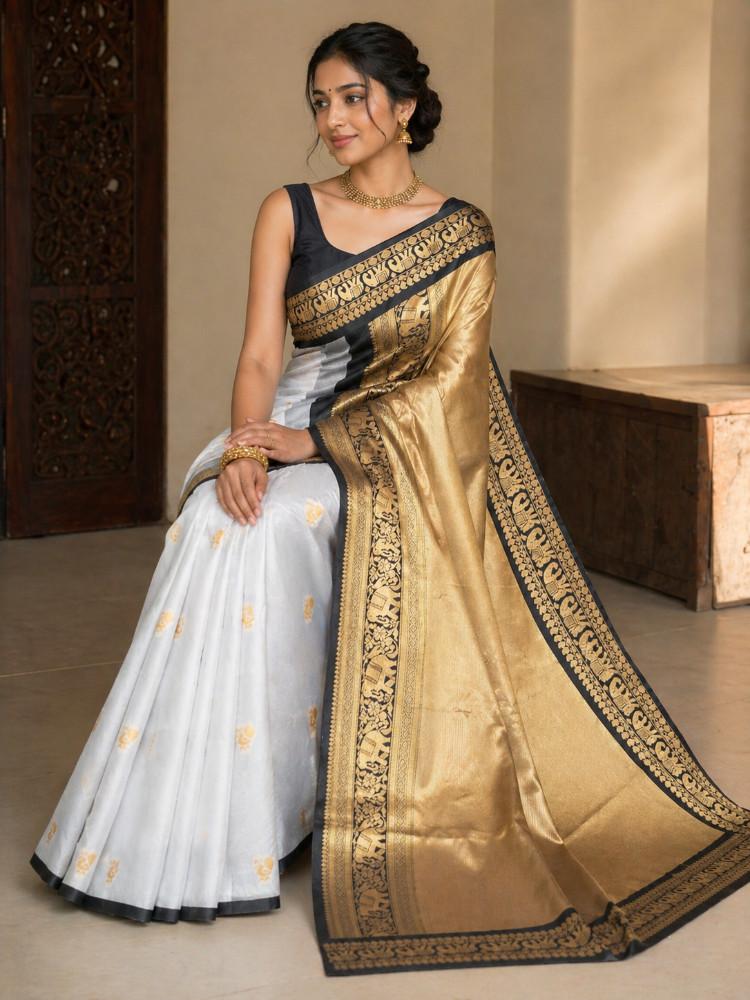 White & Gold Gaja Border Semi Silk Saree