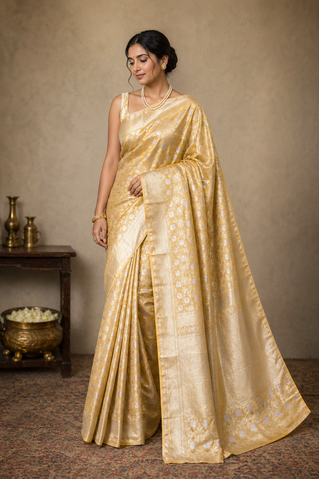 Golden Gaja Mayura Semi Silk Saree