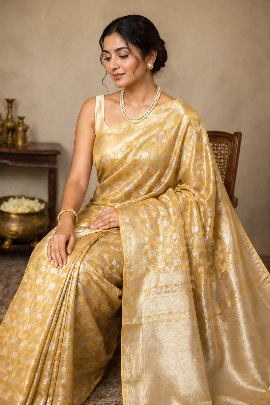 Golden Gaja Mayura Semi Silk Saree
