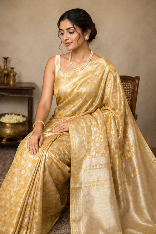 Golden Gaja Mayura Semi Silk Saree